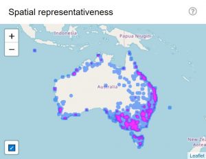 Map of Australia with dots showing higher concentrations of data in southern, eastern and coastal regions